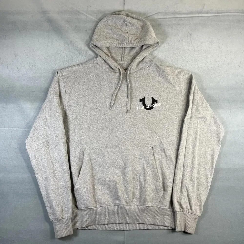 True Religion Logo Pullover Hoodie Men’s Large Gray Fleece Spell Out Horseshoe